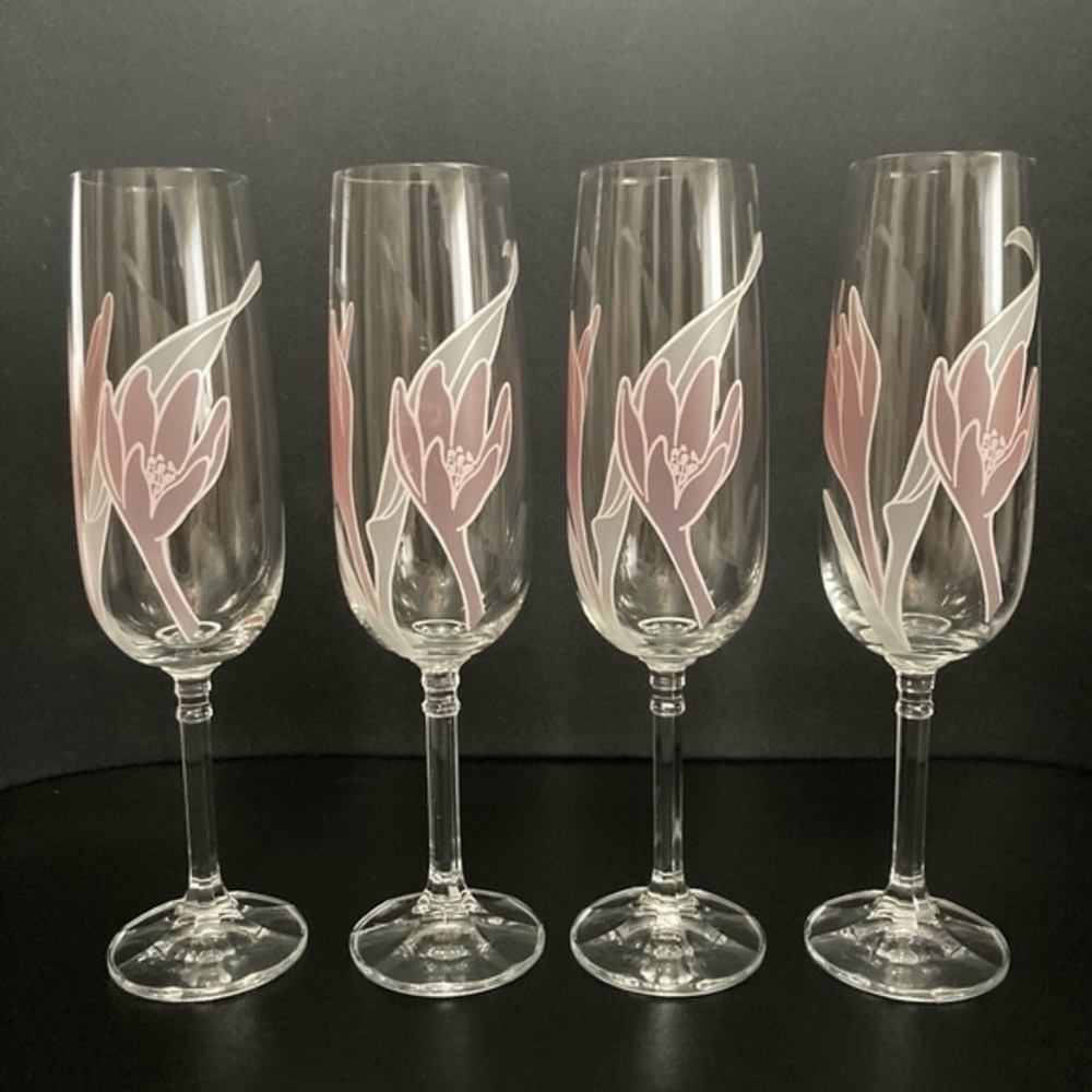 Vintage Czechoslovakian Crystal Hand Painted Champagne Flute Set